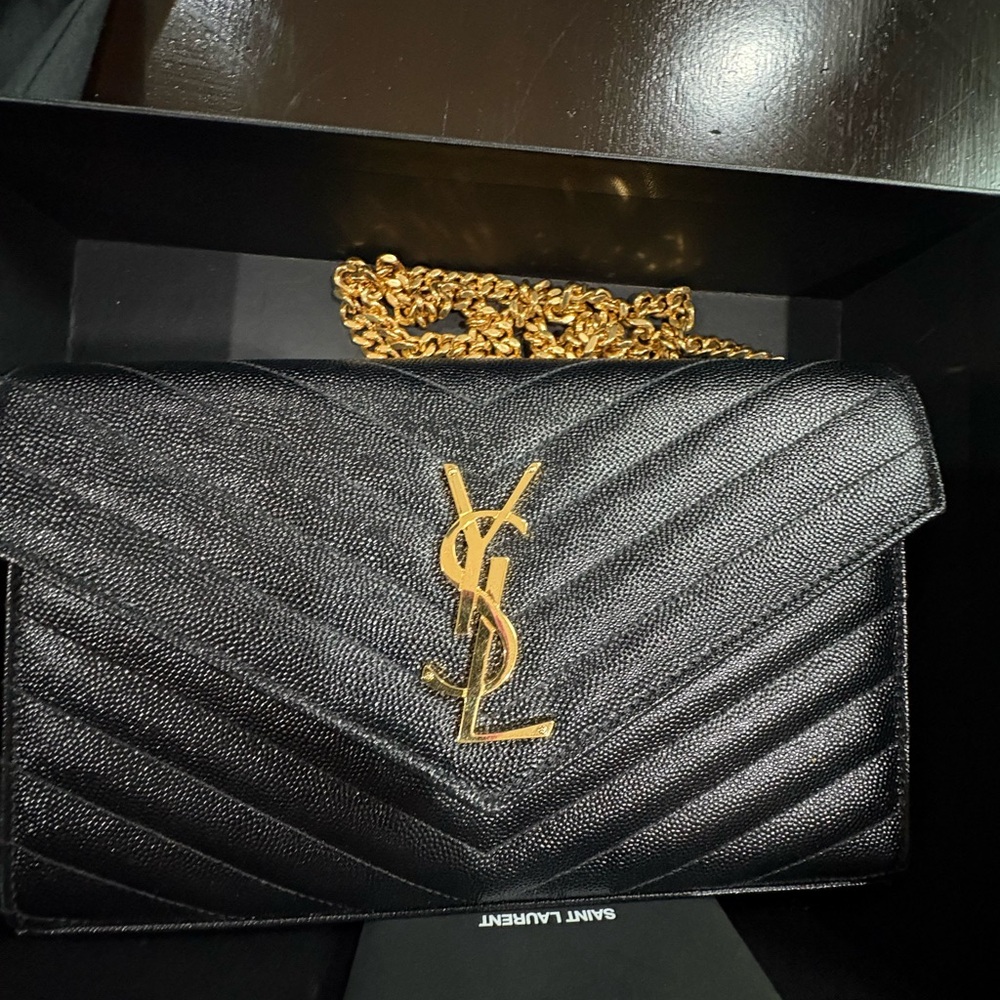 Yves Saint Laurent Black Chevron Leather Clutch with Gold Chain